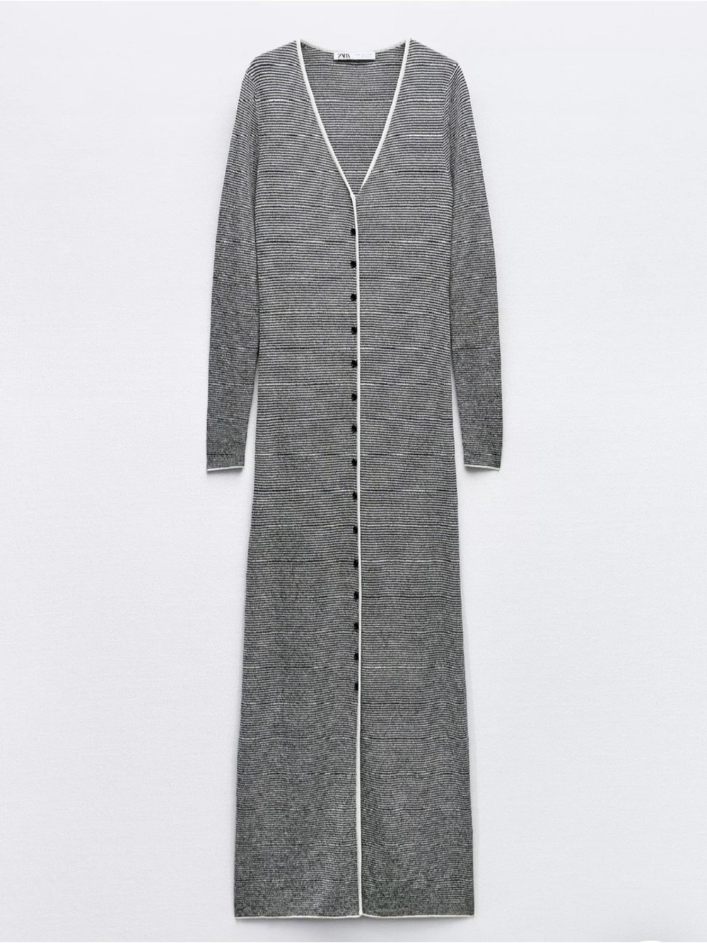 Zara Gray Ribbed Button-Front V‑Neck Maxi Dress